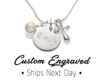 Confirmation Gift - Girl First Communion Gift Cross Necklace - Name and Date Necklace - Personalized Engraved Religious Jewelry