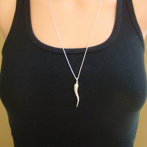 Long Italian Horn Unisex Necklace - 925 Sterling Silver - Good Luck Charm Friendship Cornetto - Protection Abundance Fertility Good Fortune