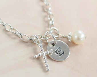 Baptism Gift Bracelet for Girls Religious Jewelry - Initial Cross Pendant Bracelet 925 Sterling Silver