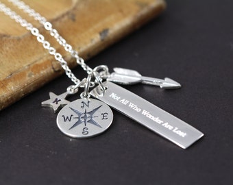 Not All Who Wander are Lost Necklace , Graduation Gift , Wanderlust , 925 Sterling Silver Engraved Jewelry