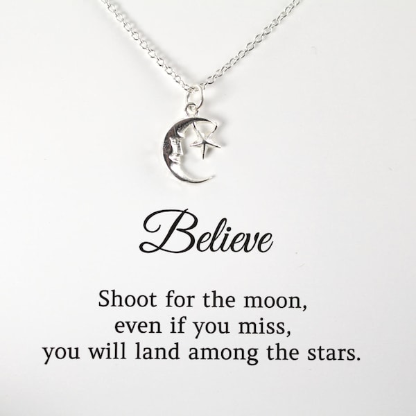 Shoot for the Moon Necklace - Inspirational Quote Graduation Gift Jewelry - Gift Card , 925 Sterling Silver Jewelry - Sample Sale