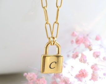 Initial Padlock Necklace Gold - The Lock Initial Pendant Necklace on Paperclip Chain