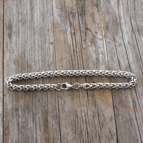 Bracelet Men Women Unisex Gift - Stainless Steel 5mm Chain Bracelet - Everyday Jewelry Wear Durable Waterproof Sweatproof Modern Wheat Woven