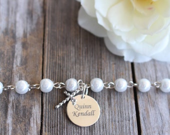 Taufgeschenk Armband für Mädchen - Religiöser Schmuck - Gravierte Name Anhänger Kreuz Armband 925 Sterling Silber - Erstkommunion Armband