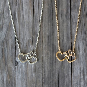 Dog Lover Paw Print Love Heart Pendant Necklace , Dog Cat Paw Jewelry , Pet Lover , Gold Silver - for Pet Lovers Birthday Gift - Pet Lover