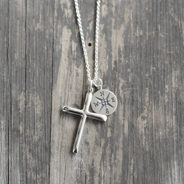 Cross Compass Necklace - First Communion Gift For Him - Confirmation Gift - Compass Cross Pendant for Men - 925 Sterling Silver