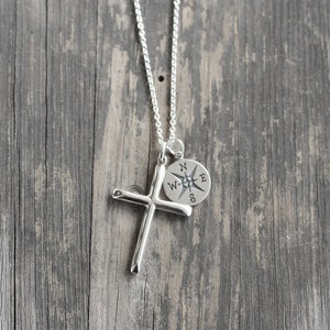 Silberne Kompass Kreuz Halskette - Taufgeschenk - Personalisierte individuell gravierte - 925 Sterling Silber - Reise Geschenk - Abschlussgeschenk