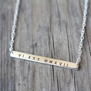 Sterling Silver Skinny Bar Necklace, Custom Engraved Everyday Gift For Mom Roman Numeral, Name Wedding Date Coordinate Personalized Unisex