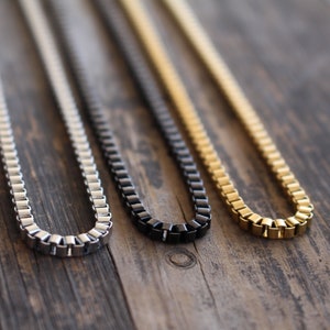 Necklace for Men , Tarnish Free Waterproof Titanium Steel , Silver Black Gold Stainless Steel Box Chain , Lobster Clasp , 3mm Thickness