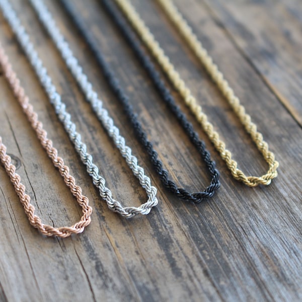 Tarnish Free Waterproof Stainless Steel Rope Chain Necklace for Men and Women - Hypoallergenic Jewelry - Black Gold Rose Gold Silver 2mm