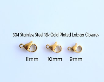 Gold Lobster Closures Clasps - 18k Gold over Stainless Steel -25 closures- Various Sizes and Quantities