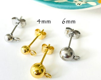 20 Earring Posts - Round Ball Studs Post with Eyelet - Gold Silver 316 Stainless Steel includes Backings