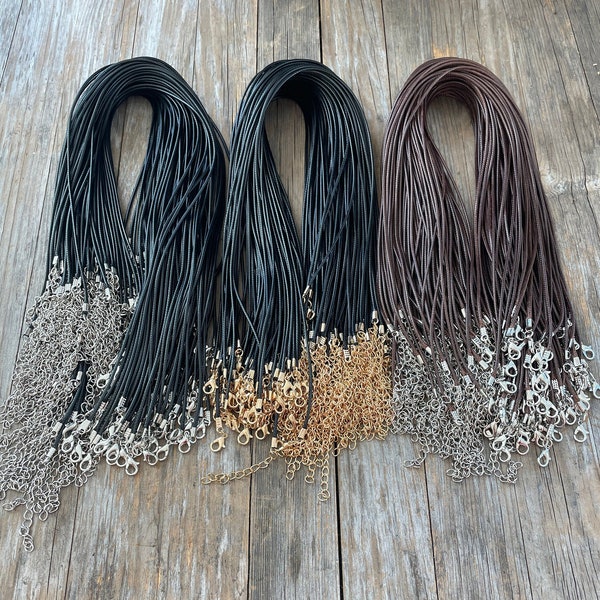 10 Vegan Leather Cord Necklaces in Black, Brown, White with Lobster Clasp in Silver and Gold 1.5mm - Adjustable Lengths - Wholesale Bulk