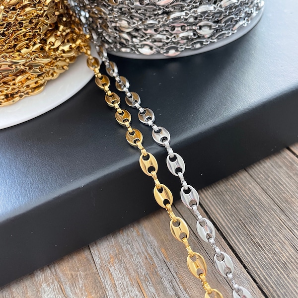 Grain de café perles lien chaîne 18k or argent acier inoxydable en gros en vrac bricolage Permanent bijoux faisant des chaînes