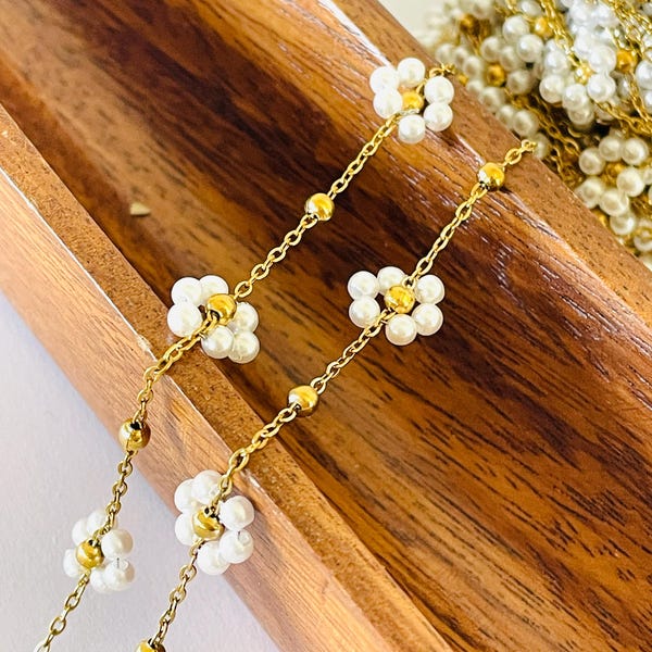 Faux witte parel 18k gouden bloem madeliefje kralen rozenkrans ketting aan de voet - handgemaakte satelliet kralenkettingen - DIY dames ketting armband enkelbandje