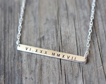 Sterling Silver Skinny Bar Necklace, Custom Engraved Everyday Jewelry Gift, Roman Numeral, Name Wedding Date Coordinate Personalised Unisex