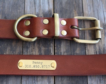 Coleira personalizada em couro genuíno para cães com gravação - Acessório personalizado para animais de estimação na cor marrom