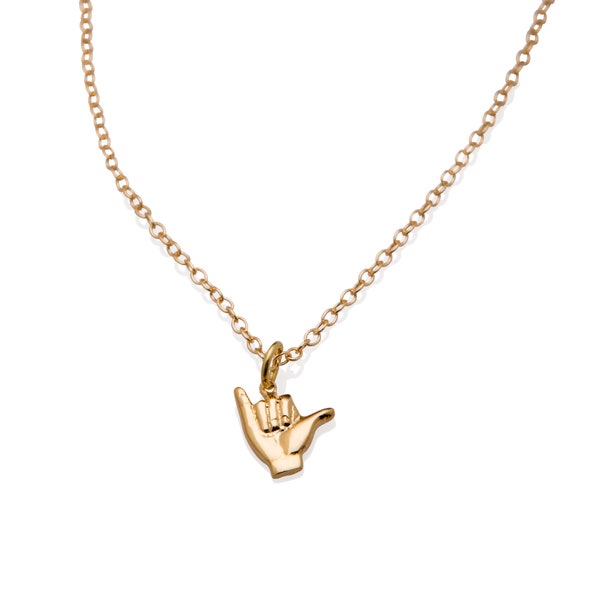 Collier Shaka en or - Rempli d’or 18 carats - Hang Loose Charm - Hang Ten Charm - Bijoux Surfer - Collier de plage