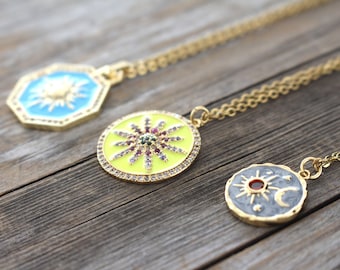 Gold Pendant Necklaces - Sun Star Moon Necklaces - Summer Gold Statement Jewelry