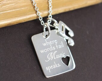 Music Necklace , Music Lover Gift , Music Note Necklace , Where Words Fail Music Speaks , Music Quotes Engraved Jewelry 925 Sterling Silver