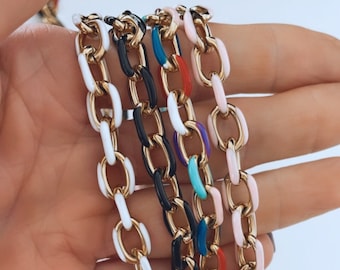 Enamel Gold Chains - Pink Purple White Black Multi Blue Colored Cable Link Chain - Wholesale Bulk DIY Jewelry Making Chains