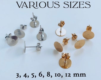 50 Earring Posts - Flat Pads Stud Post - Gold Silver 316 Stainless Steel includes Backings