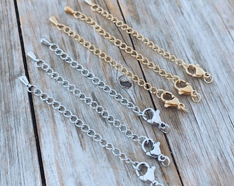 10 Extensions Silver Gold - Necklace Extenders with Lobster Clasp - 2 inches 3mm