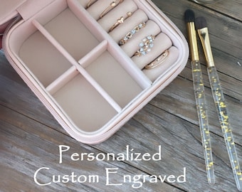 Personalized Jewelry Box Organizer Pink with Custom Engraved Zipper Pull - Custom Christmas Gift Idea