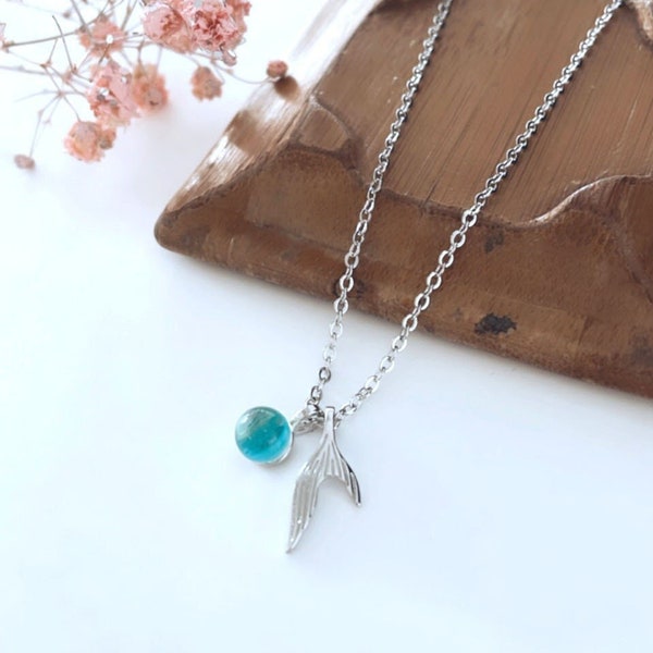 Silver Mermaid Tail Necklace with Blue Crystal - Surfer Jewelry - Beach Jewelry