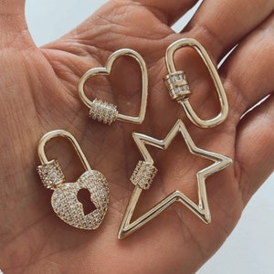 Carabiner Screw Clasps CZ Pave Gold - Heart Oval Star Locks - Interlocking Charms