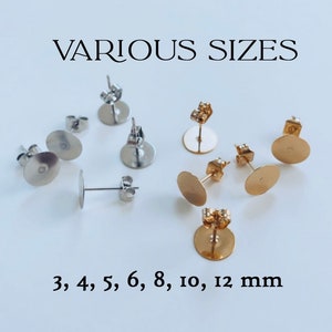 50 Earring Posts - Flat Pads Stud Post - Gold Silver 316 Stainless Steel includes Backings