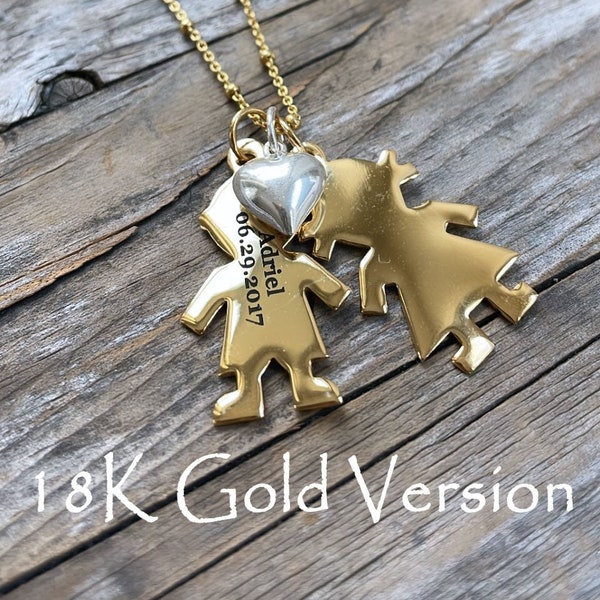 Jewelry for Mom Gold Mothers Day Necklace Custom Engraved , Boy Girl Charms 925 Sterling Silver 18K Gold Filled Gift for Mom - Gold Version