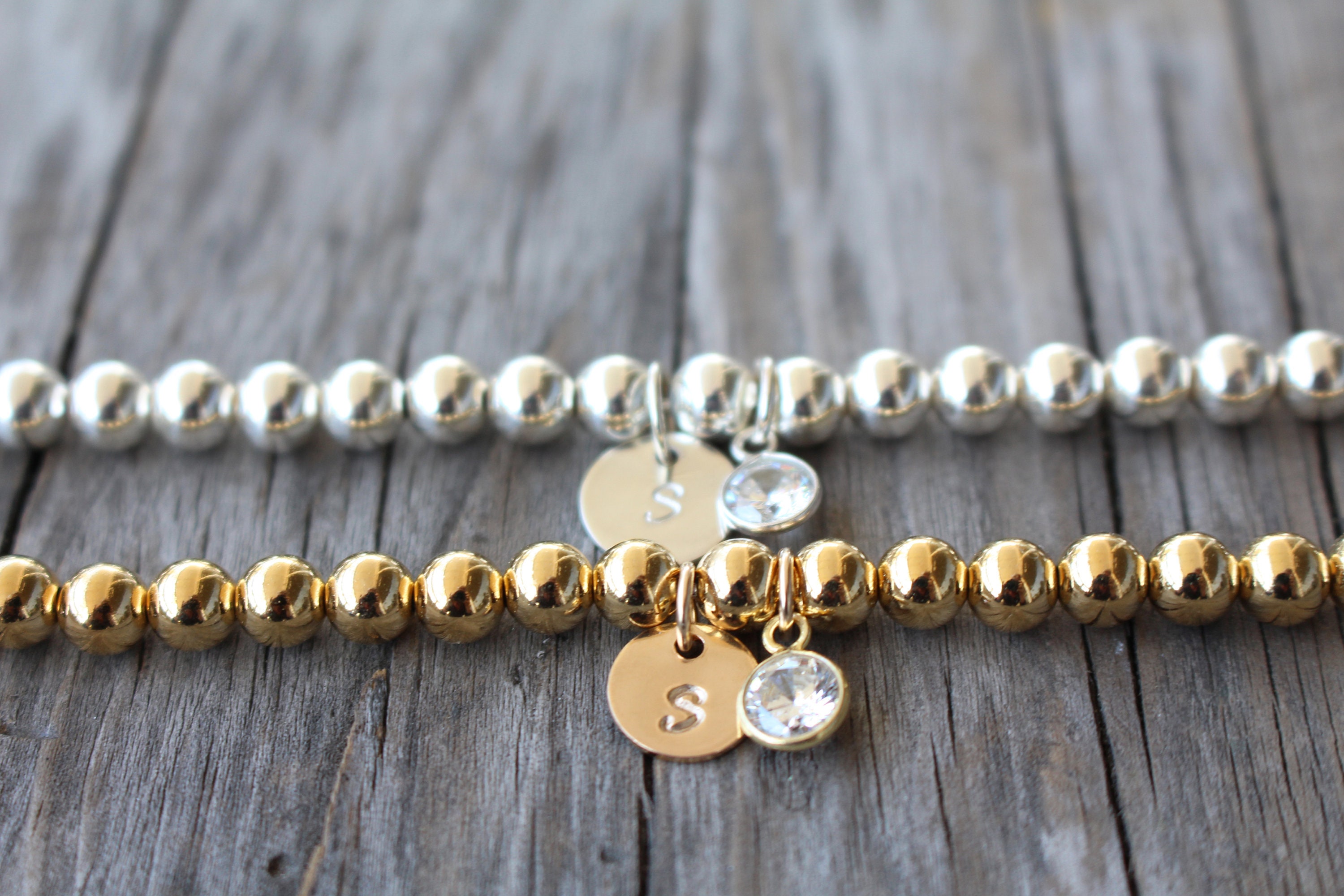 Bead Bracelet Silver Gold with Initial and CZ Ball Bracelet Etsy