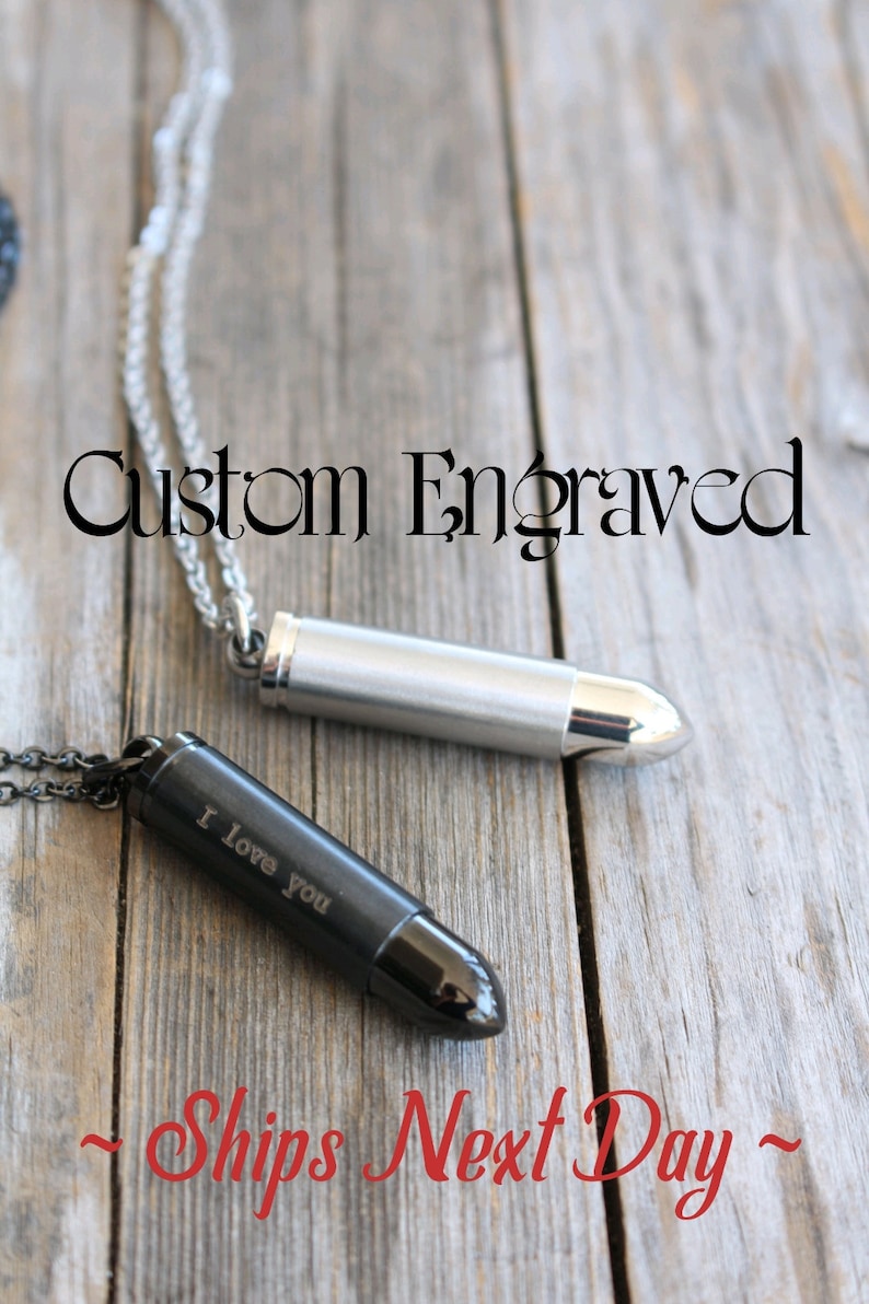 Bullet Urn Necklace for Him - Custom Engraved Cremation Memorial Jewelry for Ashes - Stainless Steel 