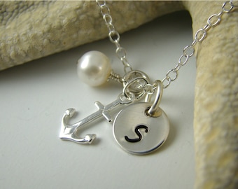 Anchor Necklace with Initial and Pearl , 925 Sterling Silver