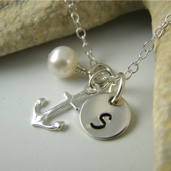 Anchor Necklace with Initial and Pearl , 925 Sterling Silver