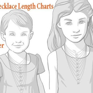 Puede incluir: Un gr&aacute;fico que muestra las longitudes de los collares para ni&ntilde;os. El gr&aacute;fico muestra dos figuras, una etiquetada como "Toddler" y la otra como "Child". Cada figura tiene una serie de l&iacute;neas que indican las longitudes de los collares de 13 a 26 pulgadas.