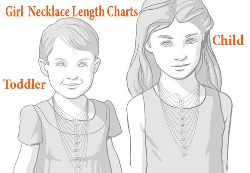 Puede incluir: Un gr&aacute;fico que muestra las longitudes de los collares para ni&ntilde;os. El gr&aacute;fico muestra dos figuras, una etiquetada como "Toddler" y la otra como "Child". Cada figura tiene una serie de l&iacute;neas que indican las longitudes de los collares de 13 a 26 pulgadas.