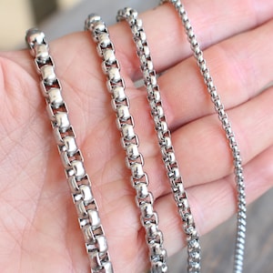 Stainless Steel Box Chain in various size lengths from 16 to 30 inches and your choice of thicknesses: 6mm, 5mm, 4mm, 2.5mm. Video shows 2.5mm thickness. Perfect chain for everyday wear. No fade, no tarnish, Sweat Proof!. Perfect for a gift. Unisex.