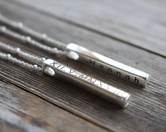 Custom Engraved Vertical Bar Pendant Necklace in Silver, Skinny Bar Necklace, Engraved Jewelry Personalized Gift Unisex - Everyday Jewelry