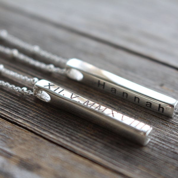 Custom Engraved Vertical Bar Pendant Necklace in Silver, Skinny Bar Necklace, Engraved Jewelry Personalized Gift Unisex - Everyday Jewelry