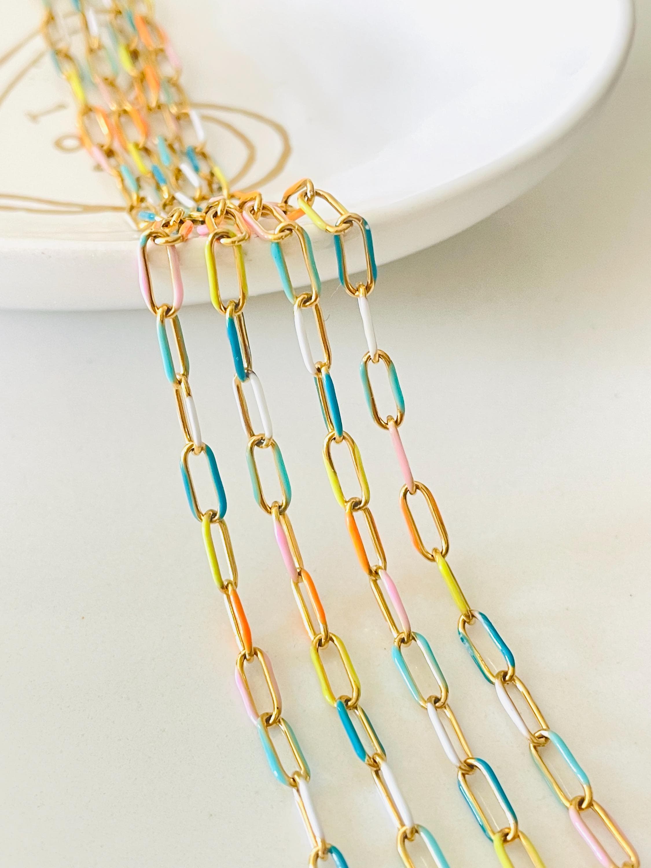 For Permanent Jewelry Making Pastel Multi Color Enamel Gold Paperclip Chain - Wholesale Bulk Chain on Spool