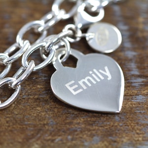 Personalized Silver Heart Chain Bracelet - Engraved 925 Sterling Silver Heart Pendant Chain Link Bracelet - For Wife , Girlfriend , BFF