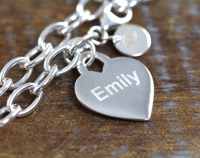 Personalized Silver Heart Chain Bracelet - Laser Engraved 925 Sterling Pendant Chain Link