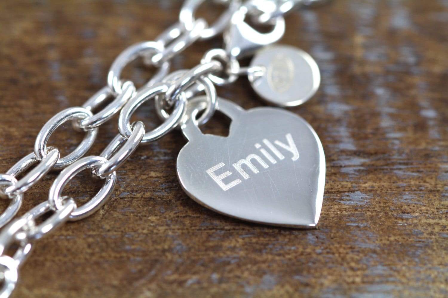 Personalized Silver Heart Chain Bracelet - Laser Engraved 925 Sterling Pendant Chain Link