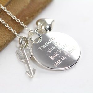 Though She Be But Little She is Fierce Pendant Necklace, Shakespeare Quote Engraved Jewelry 925 Sterling Silver image 2