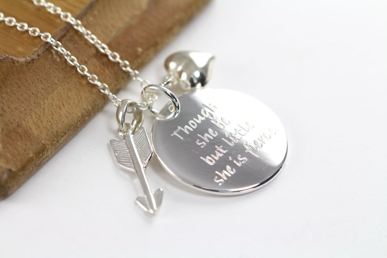 Though She Be But Little She is Fierce Pendant Necklace, Shakespeare Quote Engraved Jewelry 925 Sterling Silver image 2