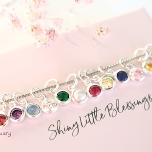 May include: A silver necklace with charms featuring different colored gemstones. The charms are shaped like hearts and have a small loop at the top. The necklace is displayed on a pink background with the text "Shiny Little Blessings" and the months "January" and "December".