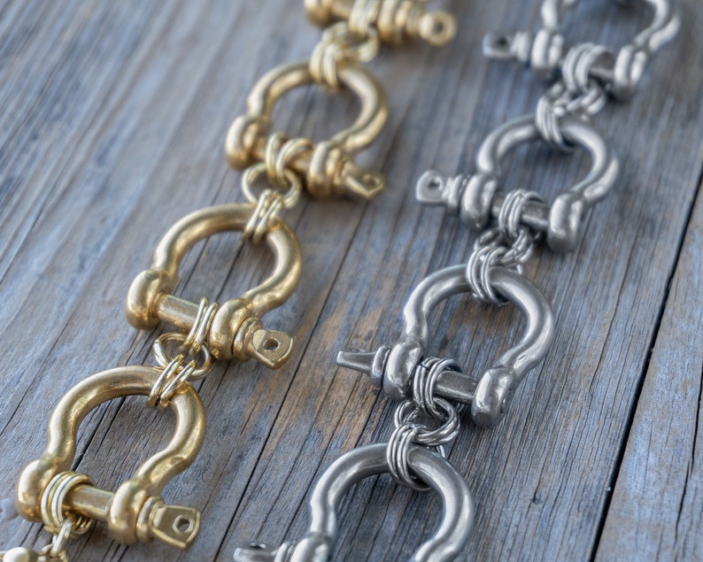 Retro Modernist Stainless Steel carabiner bracelet in silver and gold, custom length. All horse shoe bracelet, personalized length. Punk rock jewelry, statement piece for those who dare to be different.