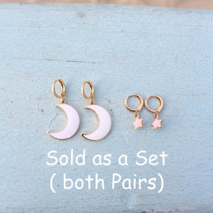 Moon and Star Earrings Earring Set Gold White Pink Hoop Earrings Birthday Gift Gift for BFF image 2